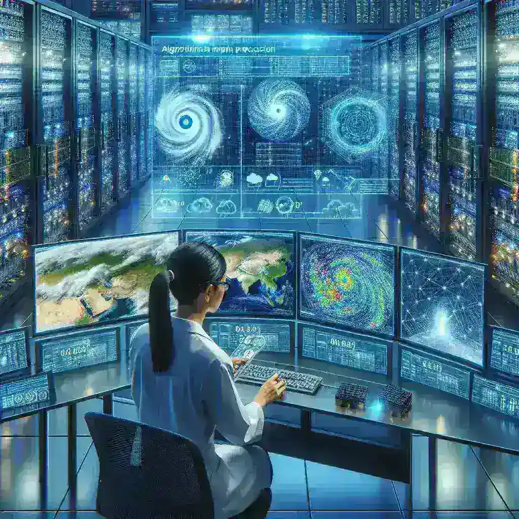 "Supercomputador analisando dados meteorológicos para algoritmos de previsão do tempo precisos"