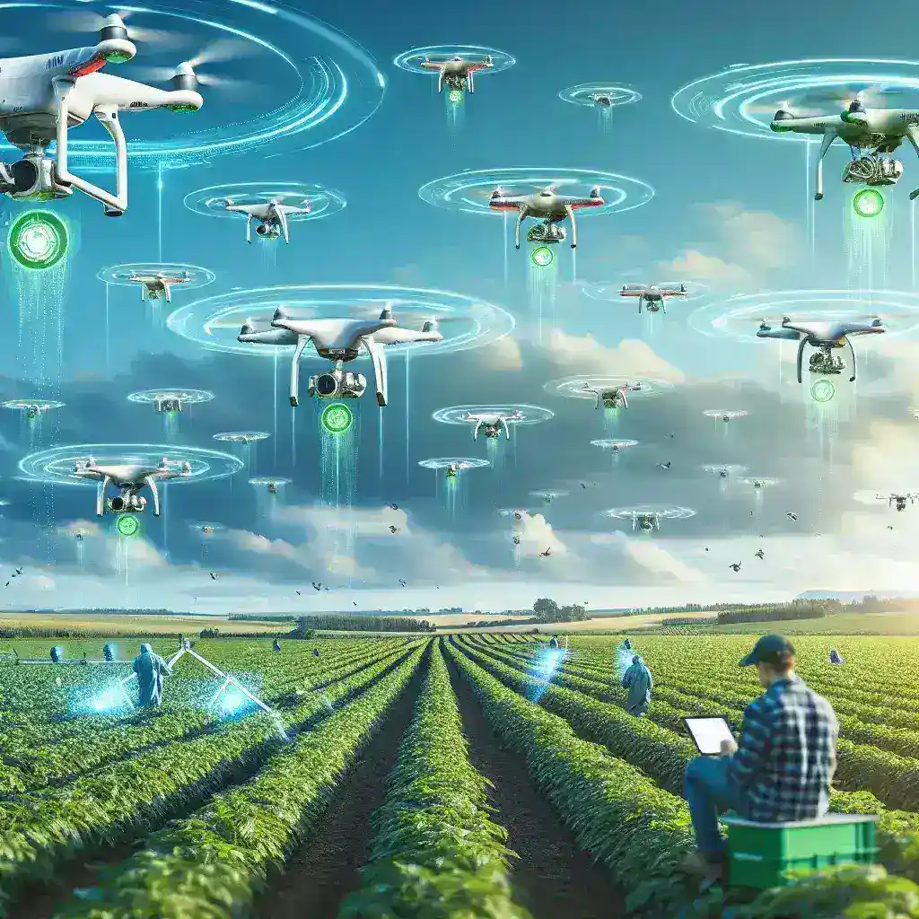 "Drone equipped with advanced imaging technology surveying agricultural fields for pest control, showcasing the integration of AI in crop management."