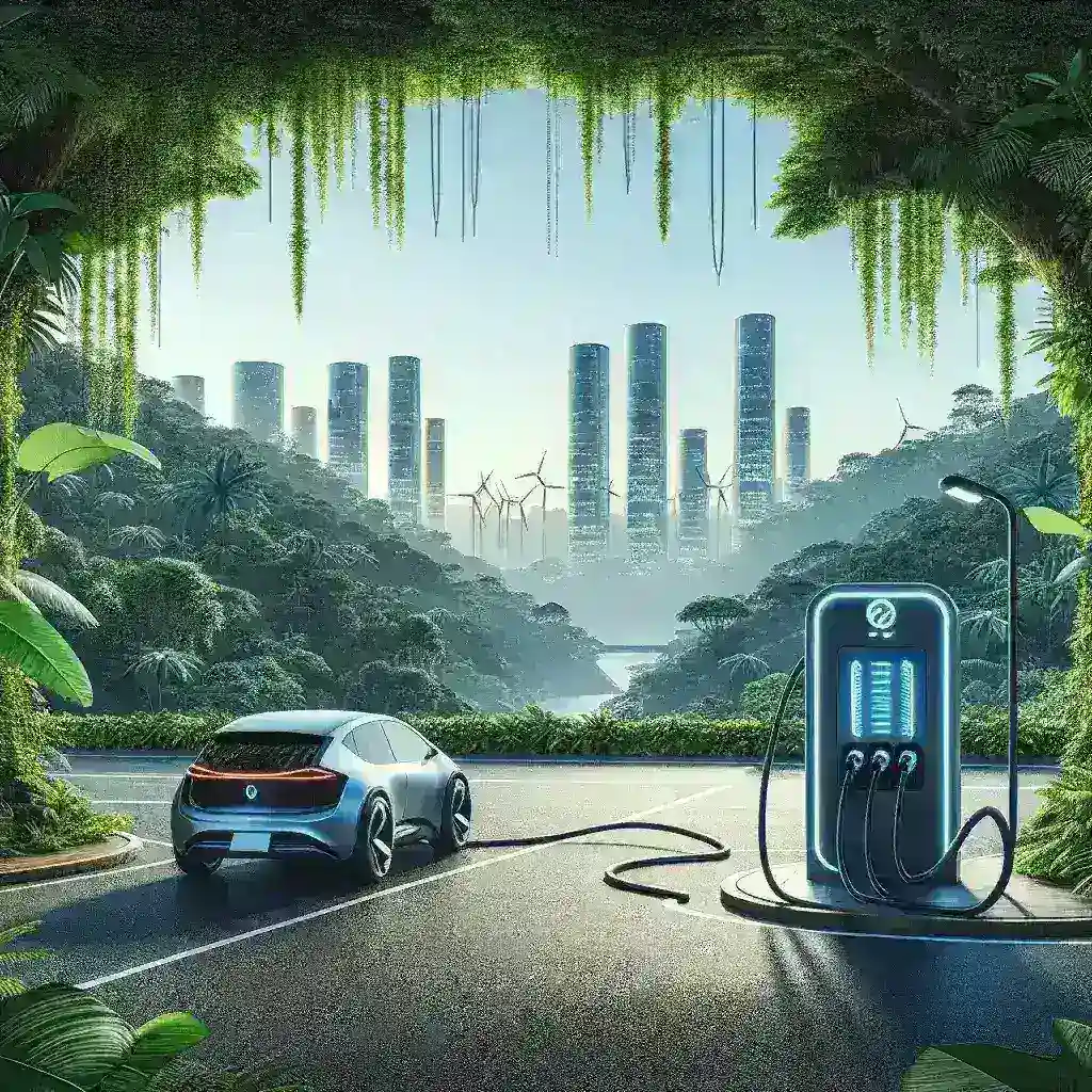 "Estação de recarga veicular inteligente no Brasil, com veículos elétricos conectados a um sistema avançado de carregamento sustentável, destacando a modernização da infraestrutura de transporte e energia no país."